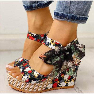 Sandales à Salons Compensés à Fleurs - CoinConfort